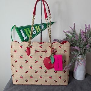 NWT Betsy Johnson Coated Straw Cherry Tote